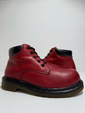 Vintage Dr. Martens England MIE Red Greasy Leather Steel Toe Boots UK 4